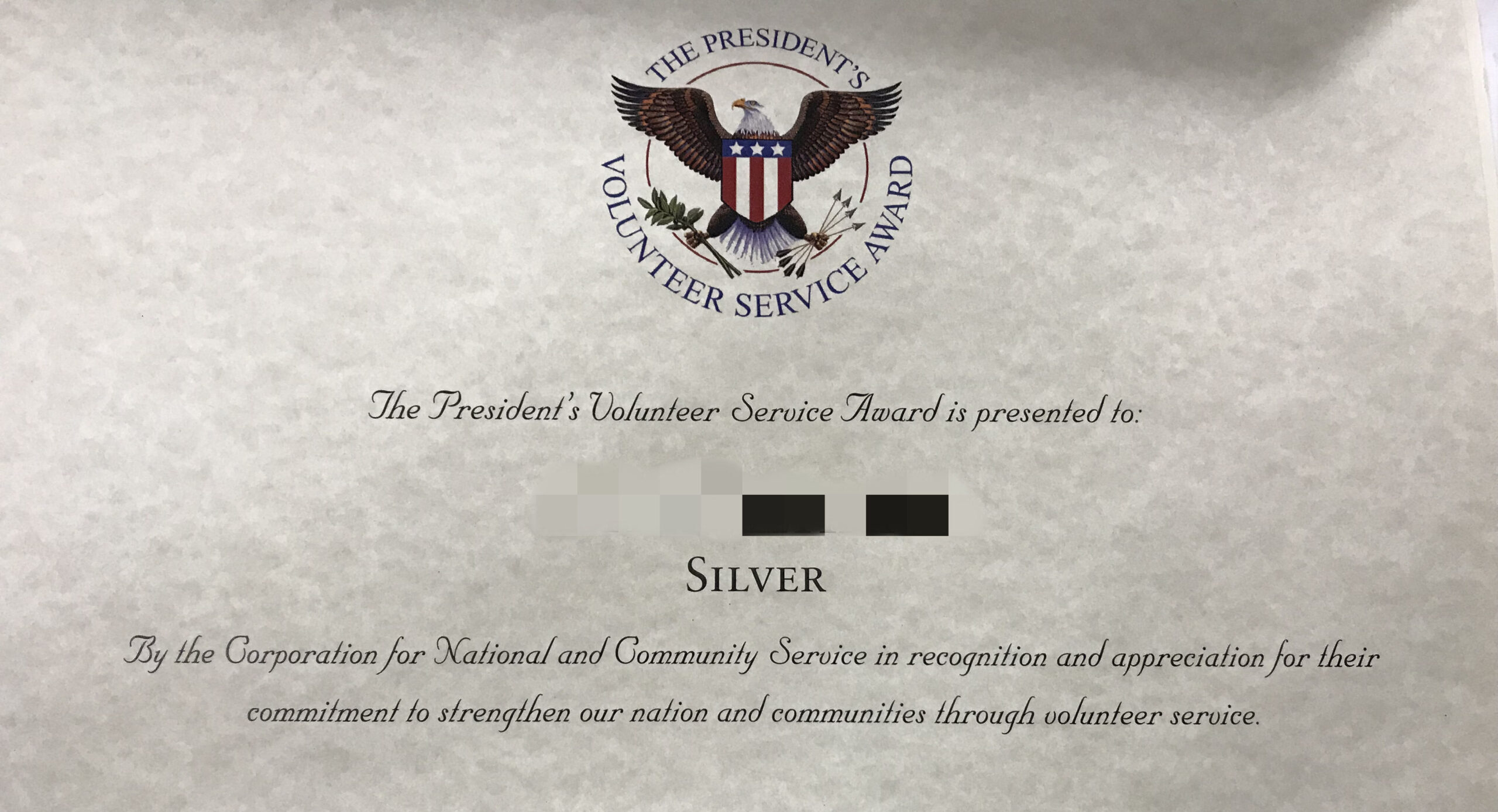 President s Volunteer Award Certificate