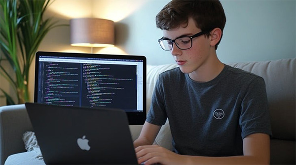 Teens coding on laptops